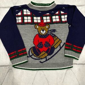 Little Funky Vintgae Kids Bear Sledding Sweater Blue 4t 90s Knit Cozy Cute